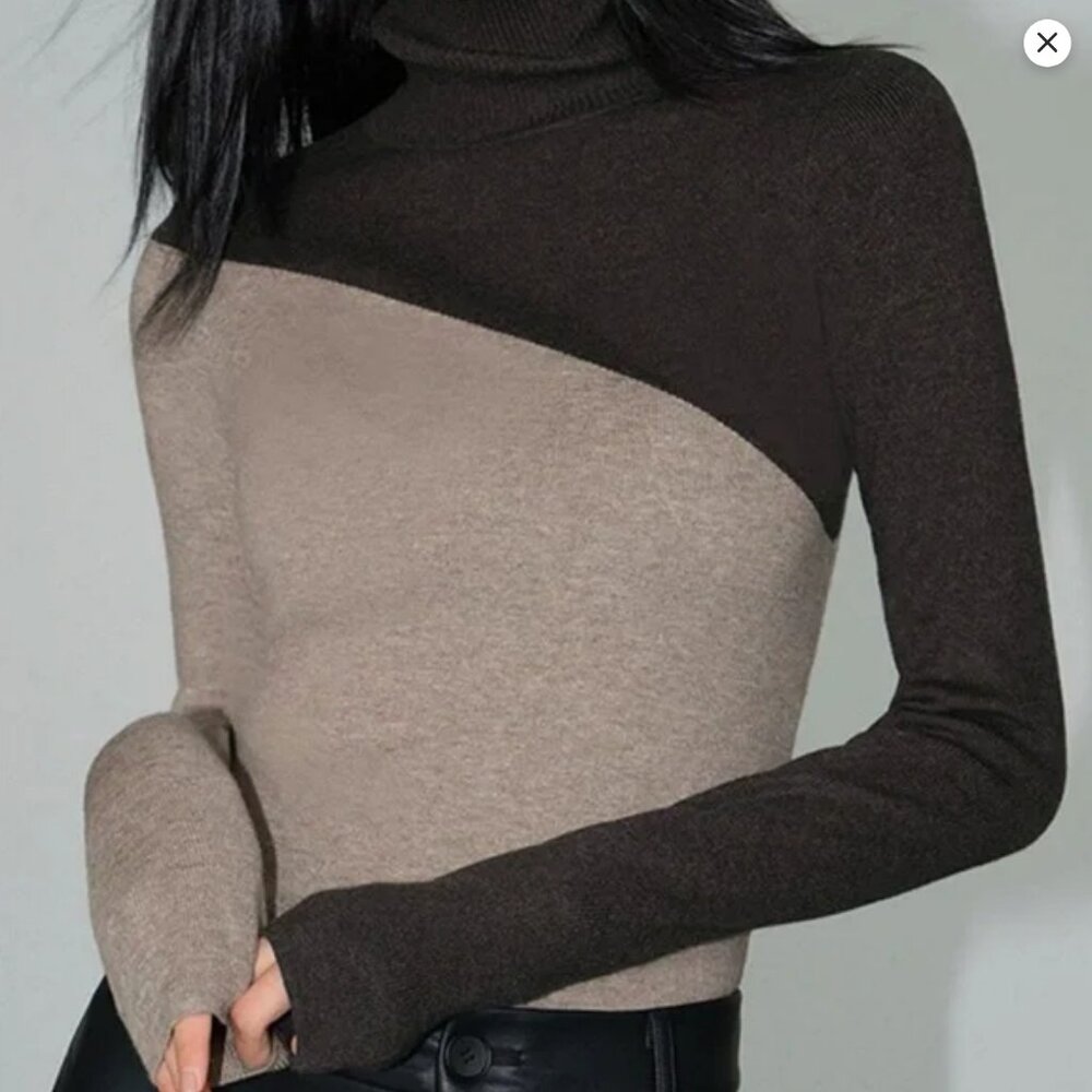 Commense Asymmetric Patchwork Long Sleeve Mock Neck Top